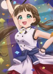 Rule 34 | 1girl, absurdres, arm up, birthday, blunt bangs, blush, braid, breasts, brown hair, commentary, confetti, french braid, green eyes, hand on own hip, highres, kyaku tasu, long hair, looking at viewer, love live!, love live! superstar!!, low twintails, medium breasts, sakurakoji kinako, signature, sleeveless, smile, solo, twintails, upper body