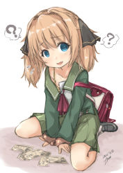 Rule 34 | 1girl, ?, absurdres, artist logo, backpack, bag, black footwear, black ribbon, blue eyes, brown hair, commentary request, dated, fyuo, green jacket, green sailor collar, green skirt, hachijou (kancolle), hair ribbon, highres, jacket, kantai collection, long sleeves, looking at viewer, mary janes, money, neck ribbon, pleated skirt, randoseru, red ribbon, ribbon, sailor collar, school uniform, serafuku, shoes, short hair, simple background, sitting, skirt, solo, spoken question mark, wariza, white background