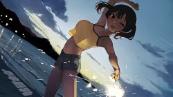 Rule 34 | 1girl, ;d, absurdres, arm up, black hair, breasts, camisole, cloud, dawn, grey shorts, highres, kaedeko (kaedelic), large breasts, looking at viewer, midriff, navel, ocean, one eye closed, open mouth, original, outdoors, red eyes, sasaki kanna (kaedeko), short hair, shorts, sky, smile, solo, standing, teeth, twintails, upper teeth only, yellow camisole