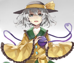 Rule 34 | 1girl, absurdres, black hat, bow, buttons, collar, diamond button, empty eyes, eyelashes, frilled collar, frilled sleeves, frills, green collar, grey background, grey eyes, grey hair, hair between eyes, hat, hat bow, heart, heart of string, highres, holding eyeball, kani nyan, komeiji koishi, long hair, long sleeves, messy hair, open mouth, sad smile, shaded face, shirt, short hair, simple background, sketch, smile, solo, third eye, touhou, upper body, wide sleeves, yellow bow, yellow shirt