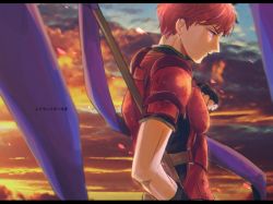 Rule 34 | 1boy, armor, back, cloud, cloudy sky, fingerless gloves, fire emblem, fire emblem echoes: shadows of valentia, gloves, highres, letterboxed, lukas (fire emblem), male focus, matumuraaaa, nintendo, polearm, red eyes, red hair, sky, solo, spear, upper body, weapon