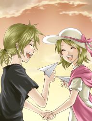 Rule 34 | 1boy, 1girl, bad id, bad pixiv id, blonde hair, brother and sister, closed eyes, holding hands, hat, hetero, kagamine len, kagamine rin, paper airplane, ribbon, shawl, short hair, shuujin/kami hikouki (vocaloid), siblings, smile, sunset, twins, vocaloid, wasabi (legemd)