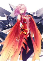 Rule 34 | 1girl, bare shoulders, black thighhighs, breasts, center opening, cleavage, detached sleeves, elbow gloves, fingerless gloves, gloves, guilty crown, hair ornament, hairclip, highres, long hair, looking at viewer, medium breasts, navel, pink hair, red eyes, solo, sugi 214, thighhighs, twintails, yuzuriha inori