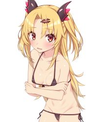Rule 34 | 1girl, akatsuki uni, bare shoulders, bikini, black bikini, blonde hair, blush, breasts, collarbone, crossed arms, fang, fuji yoshida, gluteal fold, hair ornament, hairclip, highres, long hair, micro bikini, open mouth, parted bangs, purple eyes, simple background, skin fang, small breasts, solo, stomach, striped bikini, striped clothes, swimsuit, thighhighs, thighs, twintails, two side up, uni create, virtual youtuber
