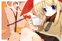 Rule 34 | bad id, bad pixiv id, blonde hair, blue eyes, bow, cup, fuyuno mikan, hair bow, necktie, pleated skirt, skirt, solo, teacup