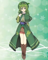 Rule 34 | 1girl, :d, arm behind back, blush, boots, brown footwear, capelet, commentary request, full body, green eyes, green hair, green hat, hair between eyes, haruyuki (yukichasoba), hat, leaf, long sleeves, looking at viewer, open mouth, original, seoi ha, smile, solo, sparkle, standing, touhou, touhou shizenyu
