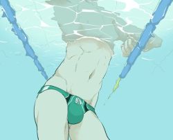 Rule 34 | 1boy, bulge, drawstring, from below, green male swimwear, green swim briefs, groin, male focus, male swimwear, original, pool, ri-ru, solo, swim briefs, swimsuit, underwater