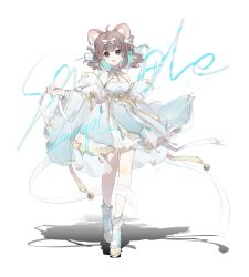 Rule 34 | 1girl, :d, absurdres, ahoge, animal ears, anqing, aqua dress, aqua eyes, aqua footwear, bow, brown hair, detached sleeves, dress, full body, hair bow, hand up, highres, looking at viewer, open mouth, original, sample watermark, see-through shawl, shawl, short hair, smile, solo, watermark, white background, white bow, wide sleeves