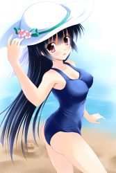 Rule 34 | 1girl, amamiya yuuko, beach, black hair, day, ef (visual novel), hat, highres, long hair, one-piece swimsuit, red eyes, school swimsuit, sun hat, swimsuit, yagami-all hail nanao