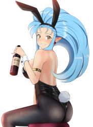 Rule 34 | 1girl, absurdres, alcohol, alternate costume, animal ears, armlet, ass, black leotard, blue hair, blush, bottle, breasts, commentary request, earrings, fake animal ears, grin, highres, holding, holding bottle, jewelry, large breasts, leotard, liquor, long hair, looking at viewer, pantyhose, playboy bunny, pointy ears, rabbit ears, rabbit tail, ryouko (tenchi muyou!), sitting, smile, solo, spiked hair, stool, strapless, strapless leotard, tail, tenchi muyou!, wrist cuffs, yellow eyes, yoo tenchi