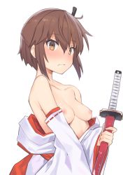 Rule 34 | 1girl, blush, breasts, brown eyes, brown hair, closed mouth, collarbone, commentary request, detached sleeves, etou kanami, hitoiki, holding, holding sword, holding weapon, japanese clothes, katana, kimono, looking at viewer, nipples, no bra, off shoulder, one side up, ribbon-trimmed sleeves, ribbon trim, sheath, sheathed, short hair, simple background, small breasts, solo, sword, toji no miko, upper body, wavy mouth, weapon, white background, white kimono