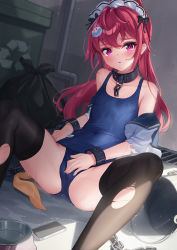 Rule 34 | 1girl, bare shoulders, black thighhighs, blouse, blue one-piece swimsuit, blush, bowl, bucket, cameltoe, chain, collar, collarbone, competition school swimsuit, covered erect nipples, covered navel, cuffs, dango remi, flat chest, hair ornament, hairclip, highres, leaning back, long hair, long sleeves, looking at viewer, maid headdress, one-piece swimsuit, open clothes, open shirt, original, parted lips, pet bowl, puddle, purple eyes, red hair, school swimsuit, shackles, shirt, sitting, solo, swimsuit, thighhighs, torn clothes, torn thighhighs, trash bag, water, white shirt