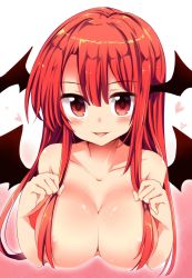 Rule 34 | 1girl, blush, breasts, collarbone, demon girl, gradient background, hair censor, head wings, heart, highres, koakuma, large breasts, long hair, looking at viewer, maturiuta sorato, nude, pink background, red eyes, red hair, smile, solo, touhou, upper body, white background, wings
