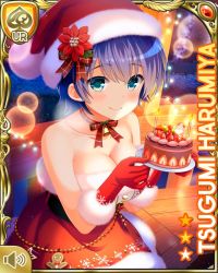 Rule 34 | 1girl, aqua eyes, blue hair, bow, breasts, cake, candle, card (medium), character name, christmas, christmas cake, closed mouth, dress, fire, fire, food, girlfriend (kari), gloves, green eyes, harumiya tsugumi, hat, indoors, looking at viewer, night, official art, palid bow, qp:flapper, red bow, red dress, red gloves, red headwear, red neckwear, santa dress, santa hat, short hair, smile, standing, tagme, thighhighs, tomboy