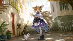 Rule 34 | 1girl, :o, animal, animal ears, arknights, bare shoulders, black footwear, blonde hair, blouse, blush, boots, bouquet, braid, braided hair rings, cat, chair, commentary request, copyright name, copyright notice, day, door, flower, flower pot, fox ears, fox girl, fox tail, frilled skirt, frills, full body, green eyes, hair rings, hairband, highres, holding, holding bouquet, infection monitor (arknights), kitsune, kyuubi, looking at viewer, material growth, multiple tails, oripathy lesion (arknights), outdoors, pantyhose, parted lips, plant, potted plant, purple skirt, red flower, shirt, sho (sho lwlw), skirt, solo, stairs, standing, stone stairs, suzuran (arknights), table, tail, tree, twin braids, white flower, white pantyhose, white shirt, wrist cuffs, yellow flower