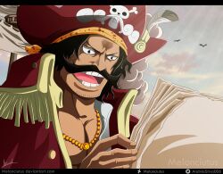 Rule 34 | 1boy, artist name, black eyes, black hair, cloud, cloudy sky, commentary request, deviantart logo, deviantart username, facial hair, gol d. roger, hat, highres, holding, holding newspaper, jewelry, jolly roger, male focus, melonciutus, mustache, necklace, newspaper, one piece, open mouth, outdoors, pirate hat, short hair, signature, skull and crossbones, sky, smile, solo, spanish commentary, teeth, twitter logo, twitter username, watermark, web address