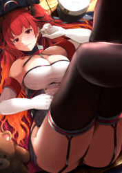 Rule 34 | 1girl, ahoge, ass, azur lane, black panties, black thighhighs, breasts, buttons, cleavage, commentary request, double-breasted, dress, elbow gloves, embarrassed, frown, garter straps, gloves, gradient hair, hat, unworn headwear, honolulu (azur lane), kanzaki kureha, large breasts, long hair, lying, military hat, multicolored hair, on back, panties, red hair, sidelocks, solo, stuffed animal, stuffed toy, teddy bear, thighhighs, twintails, underwear, very long hair, wavy mouth, white gloves