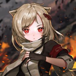 Rule 34 | 1girl, animal ears, armband, azur lane, black gloves, black shirt, blonde hair, blurry, blurry background, cat ears, commentary request, embers, eyelashes, fingerless gloves, fingernails, fire, gloves, hair ornament, light blush, long hair, long sleeves, looking at viewer, low ponytail, montpelier (azur lane), outdoors, parted lips, red armband, red eyes, ruins, scarf, shirt, sleeves past elbows, solo, takenoko (531), two-tone shirt, upper body, very long hair, white scarf, white shirt