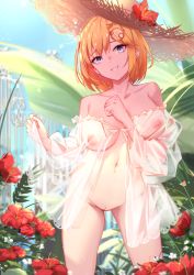 Rule 34 | 1girl, blonde hair, blue eyes, blush, breasts, cleft of venus, collarbone, faicha, flower, hair ornament, hat, hat flower, hololive, hololive english, large breasts, looking at viewer, navel, nipples, pussy, see-through, short hair, smile, solo, straw hat, thighs, virtual youtuber, watson amelia