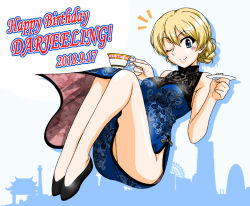 Rule 34 | 1girl, ;), black footwear, blonde hair, blue dress, blue eyes, braid, character name, china dress, chinese clothes, closed mouth, commentary, cup, darjeeling (girls und panzer), dated, dress, flats, floating, floral print, girls und panzer, happy birthday, high collar, holding, holding cup, holding saucer, looking at viewer, medium dress, notice lines, one eye closed, oosaka kanagawa, print dress, saucer, short hair, side slit, sleeveless, sleeveless dress, smile, solo, teacup, twin braids