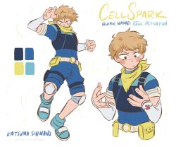 Rule 34 | 1boy, aged up, belt, blue bodysuit, blue footwear, body freckles, bodysuit, boku no hero academia, bracelet, brown eyes, character name, closed mouth, commentary, cropped torso, daniartonline, english commentary, english text, freckles, full body, green neckerchief, highres, jewelry, knee pads, light brown hair, male focus, multiple views, neckerchief, shimano katsuma, shoes, short hair, simple background, upper body, white background