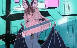 Rule 34 | 1girl, absurdres, animal ears, bare shoulders, bat ears, bat girl, bat wings, brown eyes, brown hair, brown long-eared bat (kemono friends), extra ears, grey hair, highres, kemono friends, kemono friends v project, long hair, looking at viewer, oaug241, parody, simple background, solo, strapless, tube top, upper body, virtual youtuber, wings