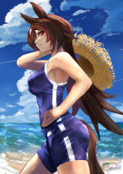Rule 34 | 1girl, absurdres, animal ears, armpits, beach, blue one-piece swimsuit, blue sky, blush, breasts, brown hair, closed mouth, cloud, cloudy sky, commentary request, competition school swimsuit, competition swimsuit, cowboy shot, ear ornament, from side, hair between eyes, hand on own hip, hat, highres, holding, holding clothes, holding hat, horse ears, horse girl, horse tail, long hair, looking at viewer, medium breasts, multicolored hair, one-piece swimsuit, outdoors, partial commentary, rakasei5050, red eyes, sand, school swimsuit, sirius symboli (umamusume), sky, solo, straw hat, streaked hair, sun hat, swimsuit, tail, tracen swimsuit, umamusume, unworn hat, unworn headwear, very long hair, water, white hair