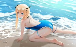 Rule 34 | 1girl, all fours, ass, azur lane, back, bare legs, bare shoulders, barefoot, beach, black ribbon, blonde hair, blue eyes, blue one-piece swimsuit, blush, breasts, casual one-piece swimsuit, closed mouth, commentary, dead or alive, frilled swimsuit, frills, from side, gan-viking, hair ornament, hair ribbon, highres, long hair, looking at viewer, looking to the side, marie rose, medium breasts, neck garter, ocean, one-piece swimsuit, revision, ribbon, sideboob, smile, soles, solo, swimsuit, thigh strap, toes, twintails, water, x hair ornament