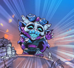 Rule 34 | 1boy, black pants, blue flower, clenched hand, closed eyes, commentary, emphasis lines, flower, glowing, glowing eyes, grin, hair flower, hair ornament, hands up, la ilusion ziggs, league of legends, mask, official alternate costume, outstretched arm, pants, petals, phantom ix row, pointy ears, skull mask, smile, solo, standing, symbol-only commentary, teeth, yordle, ziggs