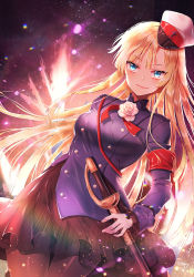 Rule 34 | 1girl, :d, black hat, black pantyhose, black skirt, blonde hair, blue eyes, blue jacket, brown gloves, closed mouth, cowboy shot, fang, fate (series), floating hair, flower, gloves, hat, index finger raised, jacket, long hair, long sleeves, looking at viewer, lord el-melloi ii case files, mini hat, miniskirt, neck ribbon, open mouth, pantyhose, peaked cap, red ribbon, reines el-melloi archisorte, ribbon, rose, simple background, skirt, smile, solo, standing, straight hair, tempy (rinsia), upper body, very long hair, white background, white flower, white hat, white rose