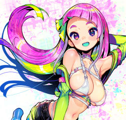 Rule 34 | 1girl, arm behind head, arm up, bare shoulders, bikini, bikini top only, bikini under clothes, blunt bangs, breasts, collarbone, eyeshadow, fangs, forehead, framed breasts, green hair, green jacket, jacket, large breasts, looking at viewer, makeup, micro bikini, multicolored hair, navel, onono imoko, open clothes, open jacket, open mouth, original, pink hair, purple eyes, short shorts, shorts, simple background, smile, solo, swimsuit, upper body