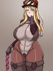 Rule 34 | 1girl, blonde hair, breasts, condom, curvy, dais729sof, green eyes, highres, huge breasts, long hair, looking at viewer, solo, standing, thick thighs, thighs, wide hips