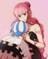 Rule 34 | 1girl, arm tattoo, black dress, blunt bangs, closed mouth, commentary request, dress, frilled dress, frills, hair bun, hat, highres, kumacy, lower eyelashes only, mask, mouth mask, one piece, perona, pink background, pink hair, pink nails, sidelocks, simple background, strapless, strapless dress, stuffed toy, tattoo, twitter username, watch, weed6217, wristwatch