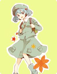 Rule 34 | 1girl, ame (amemgmgmg), backpack, bad id, bad pixiv id, bag, blue eyes, blue hair, female focus, flower, green background, hair bobbles, hair ornament, hat, kawashiro nitori, key, matching hair/eyes, open mouth, simple background, skirt, solo, touhou, twintails, two side up
