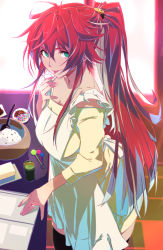 Rule 34 | 1girl, apron, breasts, butter, dress, food, food-themed hair ornament, green eyes, guilty gear, guilty gear strive, hair ornament, highres, jack-o&#039; valentine, jewelry, king rooper, long hair, looking at viewer, measuring cup, multicolored hair, off-shoulder dress, off shoulder, ponytail, pumpkin hair ornament, red hair, ring, solo, sprinkles, thighhighs, two-tone hair