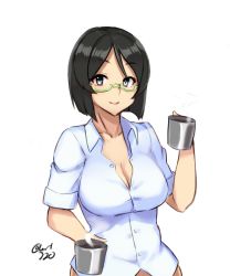 Rule 34 | 10s, 1girl, bad anatomy, black hair, blouse, blue eyes, breasts, cleavage, collarbone, cup, disposable coffee cup, disposable cup, glasses, hayabusa (vert 320), highres, kantai collection, kirishima (kancolle), large breasts, looking at viewer, open mouth, semi-rimless eyewear, shirt, short hair, signature, simple background, smile, solo, white shirt