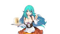 Rule 34 | 1girl, :d, aqua eyes, aqua hair, bare shoulders, beer mug, breasts, cleavage, corset, cup, detached sleeves, dirndl, german clothes, hair ornament, hairclip, highres, large breasts, long hair, looking at viewer, mug, official art, onono imoko, open mouth, plaid, pulptenks flanders, rance (series), rance 01, skirt, smile, solo, transparent background, tray