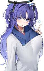 Rule 34 | 1girl, :d, absurdres, apron, blue archive, blush, breasts, commentary request, halo, heart, highres, japanese clothes, kimono, large breasts, open mouth, purple eyes, purple hair, san (harutuki 3), simple background, smile, solo, two side up, white background, yuuka (blue archive)