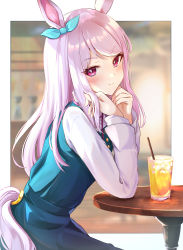 Rule 34 | 1girl, absurdres, animal ears, blue vest, blurry, blurry background, border, bow, commentary request, cup, drinking glass, drinking straw, elbow rest, eyes visible through hair, head rest, highres, horse ears, horse girl, horse tail, layered clothes, long hair, long sleeves, looking at viewer, mejiro mcqueen (umamusume), purple eyes, purple hair, shirt, sitting, skirt, sky cappuccino, smile, solo, swept bangs, table, tail, umamusume, vest, white shirt