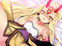 Rule 34 | 1girl, bare shoulders, blonde hair, earrings, fate/grand order, fate (series), horns, ibaraki douji (fate), japanese clothes, jewelry, kimono, long hair, lying, on back, oni, open mouth, pointy ears, sen (astronomy), solo, sweat, tattoo, yellow eyes
