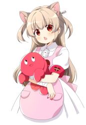 Rule 34 | 1girl, animal ear fluff, animal ears, apron, armband, bandaged wrist, bandages, blonde hair, blush, cat ears, center frills, chestnut mouth, collared dress, commentary request, dress, fang, frills, heart, heart print, highres, holding, holding stuffed toy, long hair, looking at viewer, nail polish, natori sana, hugging object, open mouth, oumi neneha, pink apron, pocket, price tag, puffy short sleeves, puffy sleeves, red armband, red eyes, red nails, sana channel, short sleeves, shrimp, simple background, solo, stuffed animal, stuffed toy, two side up, virtual youtuber, white background, white dress