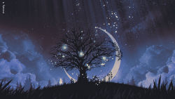 Rule 34 | 1other, ambiguous gender, bare tree, cloud, commentary, crescent moon, english commentary, grass, highres, hill, long hair, moon, night, night sky, original, outdoors, pine tree, purple sky, reinforced, signature, sky, star (sky), star (symbol), tree
