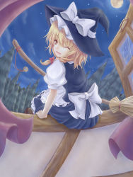 Rule 34 | 1girl, apron, bad id, bad pixiv id, blonde hair, blush, broom, female focus, hat, highres, kirisame marisa, momokumo, moon, one eye closed, open mouth, sitting, sky, solo, star (sky), starry sky, touhou, tree, waist apron, wink, witch, witch hat, yellow eyes