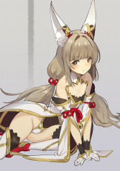 Rule 34 | 1girl, alternate costume, animal ears, arm support, blunt bangs, blush, breasts, bright pupils, brown eyes, cat ears, cleavage, closed mouth, detached sleeves, fang, fang out, flat chest, gloves, hair intakes, highleg, highleg leotard, highres, leotard, light brown hair, long hair, looking at viewer, low twintails, nia (blade) (xenoblade), nia (xenoblade), nintendo, niyah, seinen, simple background, solo, spoilers, thighhighs, twintails, very long hair, white gloves, white thighhighs, xenoblade chronicles (series), xenoblade chronicles 2, yellow eyes