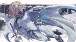 Rule 34 | 1girl, armor, armored boots, blonde hair, bodysuit, boots, border, breasts, cape, claymore (series), claymore (sword), commentary, english commentary, gloves, grey eyes, highres, jhony caballero, letterboxed, long hair, medium breasts, miria (claymore), outside border, pauldrons, shoulder armor, snow, solo, thighs, white bodysuit, white border, white cape, white gloves, winter