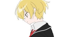 Rule 34 | 1boy, black jacket, blonde hair, collared shirt, commentary, jacket, limbus company, male focus, name (oiuio), necktie, parted lips, profile, project moon, shirt, short hair, simple background, sinclair (project moon), tears, white background, white shirt, yellow eyes