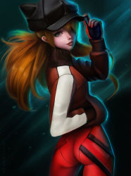 Rule 34 | 00s, 10s, 1girl, :d, animal ears, animal hat, artist name, ass, backlighting, black background, black hat, blue eyes, bodysuit, breasts, brown jacket, cabbie hat, cat hat, cowboy shot, evangelion: 2.0 you can (not) advance, evangelion: 3.0 you can (not) redo, eyelashes, eyepatch, fake animal ears, freckles, from behind, gloves, hair between eyes, hair over one eye, hand in pocket, hand on headwear, hand up, hat, hat tip, highres, jacket, legs apart, lipstick, lolliedrop, long hair, long sleeves, looking at viewer, looking back, makeup, neon genesis evangelion, nose, one eye covered, open mouth, orange hair, parted lips, pilot suit, pink lips, plugsuit, pocket, realistic, rebuild of evangelion, red bodysuit, red jacket, red lips, simple background, single vertical stripe, skin tight, small breasts, smile, solo, souryuu asuka langley, standing, tape, track jacket, turtleneck, twisted torso
