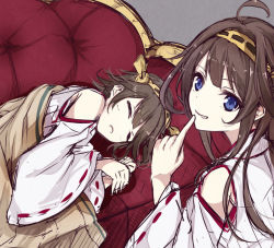 Rule 34 | 10s, 2girls, bad id, bad pixiv id, bare shoulders, berukko, blanket, blue eyes, blush, brown hair, closed eyes, couch, detached sleeves, double bun, finger to mouth, hair bun, hair ornament, hairband, headgear, hiei (kancolle), japanese clothes, kantai collection, kongou (kancolle), long hair, multiple girls, nontraditional miko, personification, short hair, shushing, sleepy, smile