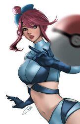 Rule 34 | 1girl, blue eyes, blue gloves, blurry, blurry foreground, breasts, creatures (company), crop top, game freak, gloves, green eyes, highres, large breasts, lips, long hair, long sleeves, looking at viewer, miki okazaki, nintendo, open mouth, poke ball, pokemon, pokemon bw, purple hair, red hair, shorts, signature, simple background, skyla (pokemon), solo, teeth, upper teeth only, white background
