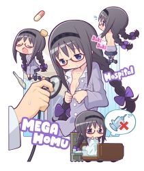 Rule 34 | 10s, 1girl, :o, akemi homura, bed, black hair, blanket, blue eyes, blush, bow, braid, buttons, chair, chibi, closed eyes, cup, curtains, digital thermometer, dress shirt, flying sweatdrops, gecchu, glass, glasses, hair bow, hairband, highres, hospital bed, long hair, mahou shoujo madoka magica, mahou shoujo madoka magica (anime), multiple views, pill, pillow, purple eyes, romaji text, shirt, sitting, stethoscope, sweatdrop, syringe, thermometer, thought bubble, topless, twin braids, unbuttoned, under covers, window